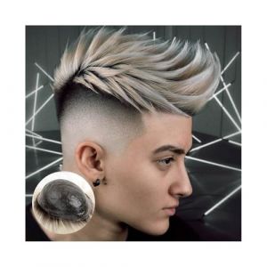 Postiche pour cheveux pour hommes Postiche fin de 0,08 mm for homme, cheveux humains véritables, racines noires, ombré, blond platine, base en PU, système de remplacement de cheveux raides Postiche in (wufengyutianbaihuoshanghang, neuf)