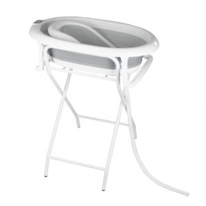 OHMG Baignoire bebe avec Support 85cm，Baignoire Pliable B&eacute;b&eacute; sur Pied，S&eacute;curis&eacute;e et Confortable Bassine Pliable Bebe avec Thermom&egrave;tre et Coussin de bain，Baignoire b&eacute;b&eacute; pliante (jusiZL, neuf)