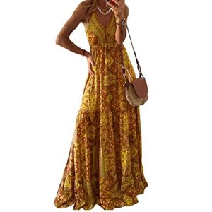 seiveini Boho Robe de Plage Longue Femme Robe Ete sans Manches Ample Robe à Fleurs Col en V Chic Elegant Maxi Robe Fluide Rétro Robe Tunique Taille Haute A Jaune L (BgandDesign, neuf)