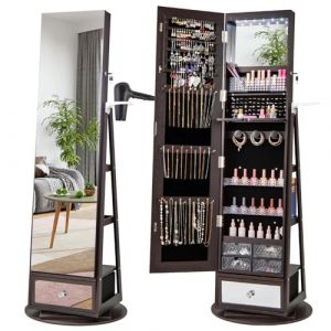 COSTWAY Armoire &agrave; Bijoux avec Miroir sur Pieds, Pivotant 360&deg;, Miroir Psych&eacute; sans Cadre, Lumi&egrave;res LED, Verrouillable, Support pour S&egrave;che-Cheveux, 3 &Eacute;tag&egrave;res &agrave; l&rsquo;Arri&egrave;re, Grand Tiroir (Caf&eacute;) (FDS GmbH, neuf)