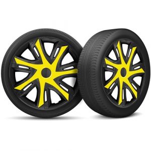 Moltico Enjoliveur - Set de 4 Universel Enjoliveurs - Adapt&eacute; &agrave; Toutes Roues en Acier - Enjoliveurs pour Auto - Anneau de S&eacute;curit&eacute; R&eacute;glable - 16 Pouces - Jaune-Noir (Moltico-Shop, neuf)