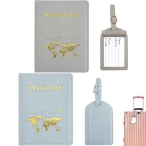 ZDNT Porte-Passeport Housse,2Pcs Couvertures de Passeport et 2Pcs Étiquette Valise,Porte-Passeport,PU Cuir Protege Passeport,Etui Passeport pour Passeport,Carte de Crédit ((Bleu,Gris)) (ZDNT, neuf)