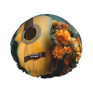 Bonnet de douche imperm&eacute;able r&eacute;utilisable pour femme Motif guitare et fleurs &ndash; Couvre-cheveux &eacute;lastique pour bain, spa, voyage et utilisation quotidienne (ZSUUGJ, neuf)