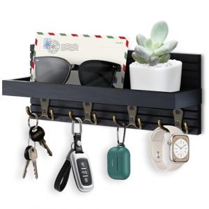 Votoko Porte Clef en Bois avec &Eacute;tag&egrave;re, Porte-Cl&eacute;s Mural avec &Eacute;tag&egrave;re et 4 Crochets, D&eacute;coration Support Clef Mural pour Salon, Salle de Bain, Cuisine, Rangement Des Cl&eacute;s et Courrier &agrave; L'entr&eacute;e, Noir (VILLA RENTZ S.R.L., neuf)