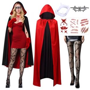 Costume de vampire d'Halloween pour homme et femme - Costume de diable d'Halloween avec capuche - Collants - Autocollant cicatrice - Noir et rouge - Double face - Cape de vampire adulte - Pour cosplay (LINGYEAL, neuf)