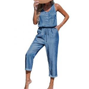 CUPSHE Combinaison pour femme - Col en U - Sans manches - Boutonnière - Combinaison d'été décontractée - Pantalon sarouel avec poches, bleu, L (CUPSHE FR, neuf)