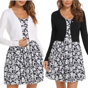 Bol&eacute;ro Femme Tricot Gilet Court Veste Cardigan Bouton Manches Longues pour Robe T Shirt Bretelle Soir&eacute;e F&ecirc;te D&eacute;contract&eacute; Chic El&eacute;gante Noir+Blanc S (Yukiuiny, neuf)