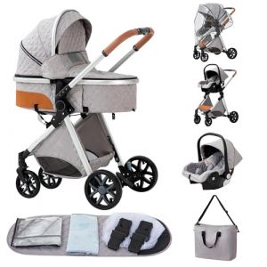 ALYIKOU-poussette 3 en 1，Combinaison pliable poussette 3 in 1，poussette bebe 0 a 3 ans Housse de pluie, sac Mommy, moustiquaire, accessoires de siège, adaptateur universel (LV9 Gris argenté) (ALYIKOU BRAND, neuf)