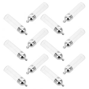 PATKAW Lot de 12 Pendentifs en Bouteille de Verre 35X11Mm avec Bouchon Acrylique Argent&eacute; Brillant Mini Flacons Cylindriques Transparents pour Huiles Essentielles Porte-Cl&eacute;s D&eacute;coratif (iLANG, neuf)