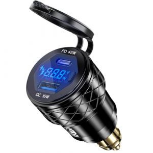 Din Hella Plug vers USB Chargeur Adaptateur : 45 W USB C PD3.0 & 18 W QC3.0 Sortie de chargeur de moto pour BMW Triumph Tiger Ducati 12 V-24 V, &eacute;tanche, port de charge rapide avec voltm&egrave;tre LED (Rolokituk, neuf)