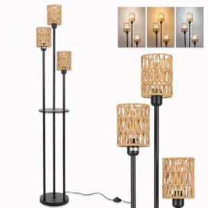 Winverty Lampadaire Rotin Boho avec Étagère 3 Lumières, Abat-jours en Rotin et Interrupteur à Pied, Style Industriel Noir pour Salon Chambre Bureau, Douille E27, 1.66M (Winverty, neuf)