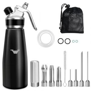Siphon Chantilly, 500ml Siphon de Chantilly pour Mousses et Crèmes,Gâteaux et Desserts, Syphon à crème avec 4 conseils d'injecteur,3 Douilles en Acier Inoxydable,Sac en filet,Brosse de Nettoyage (ColCospie, neuf)