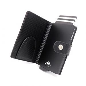 Stealth Wallet Porte Carte Bancaire RFID Pour Homme - Porte-Cartes De Cr&eacute;dit Avec M&eacute;canisme Pop Up - Portefeuilles de Cr&eacute;dit Aluminium Mince (Aluminium argent, Cuir de carbone noir, Clip pour billets) (ETK Limited, neuf)