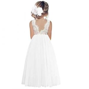 Odizli Robe de demoiselle d'honneur en dentelle, dos nu, ligne A, en tulle, robe de mariage, première communion, robe de soirée longue, blanc #A, 2-3 ans (Odizli store, neuf)