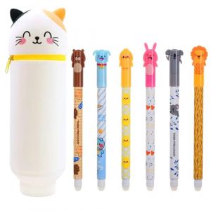1 Pièces Trousse Scolaire en Silicone,2 en 1 Trousse Scolaire en Silicone,Trousse Silicone Verticale,Fermeture Eclair en Silicone Pochette de Stylo,Trousse Crayons Télescopique Silicone avec 6 Stylos (Jesen, neuf)