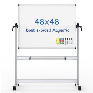 VIZ-PRO Tableau blanc mobile double face, 122 x 122 cm, tableau blanc magnétique effaçable à sec sur roulettes avec cadre en aluminium et support (AUCS, neuf)