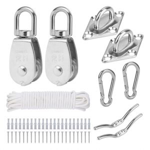 TooTaci Poulie M25 de levage, Kit de Poulie en acier inoxydable 304 Pour Cordes et Cable avec 6mm corde de ligne 10M, et M5 Mousqueton,Plaque de Coussinet, Crochets de Taquet (TA XI, neuf)