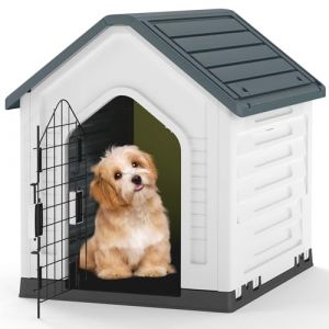 GOPLUS Niche pour Chien Exterieur 67×52×60 CM, Cabane Chien Exterieur en PP Imperméable avec Porte Grillagée Verrouillable, Toit Incliné et Plancher Surélevé, Aérations à Côtés, Abri Chiot (Gris) (Augenstern24, neuf)