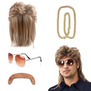 Perruque Hommes Blonde Mulet Des Ann&eacute;es 80,Perruque Mulet,Perruque Rock,Longue Perruque Blonde,Lunettes de Soleil,Collier,Barbe,Mullet Wig,Perruque Cosplay Halloween Costume F&ecirc;te. (Dazzling-EU, neuf)