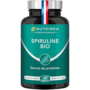 Spiruline BIO - Sans Excipients & OGM - 19% de Phycocyanine - Riche en Protéines, Fer & Antioxydants - Nutrimea - 180 Comprimés Vegan de 500 mg - 2 Mois de Cure - Fabriqué en France (PLASTIMEA, neuf)