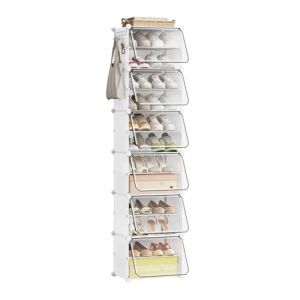 eSituro Meuble Chaussures à Cubes Empilables, Étagère de Rangement 12 Casiers Modulables DIY, avec Portes et Crochets, pour 12 Paires de Chaussures, en Panneaux PP, avec Maillet, Blanc (situDE, neuf)