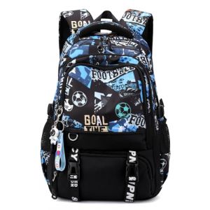 Tanou Sac a Dos College Garcon Renforcé, Motif Football Cartable Garcon Primaire, Résistant à l'Eau Cartable Scolaire pour Adolescents 10-18 Ans en Nylon, Noir/Bleu (Tanou Bagages, neuf)
