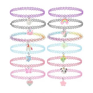 LEEQBCR 12 PCS Tour de cou Collier pour enfants adolescents filles femmes, pendentif breloque licorne arc-en-ciel panda chat c&oelig;ur fleur sir&egrave;ne tour de cou tatouage henn&eacute; &eacute;lastique (LEEQ EU, neuf)