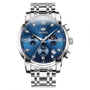 OLEVS Montre pour homme en acier inoxydable - Montre à quartz de luxe pour homme - Date diamant étanche - Montre lumineuse pour homme - Montre classique élégante noir/bleu/doré, Cadran bleu/bracelet (XING LINGYU, neuf)