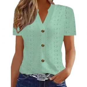 Chemisiers Et Blouses Femme Tunique Chemisier Femme Manche Courte Chic Et ÉLéGant Chemises Couleur Unie ÉTé Ample Haut Top à Revers LâChe Respirant Blouse Grande Taille Col V Button T Shirts (5.0⭐⭐⭐⭐⭐(vente flash/soldes)Yaair-OEF, neuf)