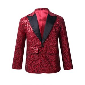 TiaoBug Enfant Garçon Paillette Veste de Costume d'honneur Mariage Cérémonie Soirée Manteau Blouse Gentleman Smoking Blazer Brillant Chemise Fête Carnaval 5-16 Ans Bordeaux 9-10 Ans (TB TRADING, neuf)