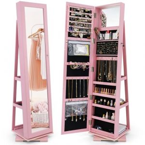 COSTWAY Armoire &agrave; Bijoux Pivotante &agrave; 360 Degr&eacute;s, Organisateur de Bijoux sur Pieds, avec Grand Miroir Psych&eacute; et Etag&egrave;re de Rangement &agrave; L'Arri&egrave;re (Rose) (FDS GmbH, neuf)