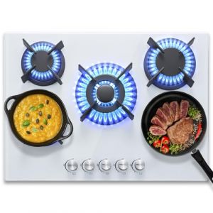 SNDOAS Plaque de Cuisson gaz 5 Feux, Plaque Gaz 5 Feux, 70cm avec S&eacute;curit&eacute; Thermocouple, Convient Pour le Gaz Naturel/Propane, Verre Blanc, 10400 W, 220-240 V (Yunyi Home Tech, neuf)
