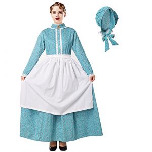BPURB Costume de Pioneer P&egrave;lerin pour Femme Florale Prairie Colonial Robe Paysanne D&eacute;guisement de femme de chambre avec Tablier Coiffe (XL, bleu) (BPURB-EU STORE, neuf)