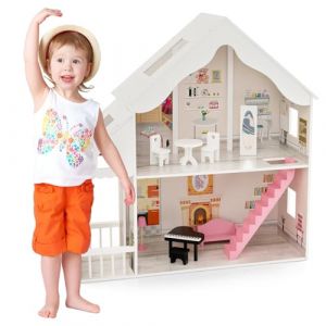 GOPLUS Maison de Poupée en Bois, Maison de Rêve Semi-Ouverte à 2 Étages pour Enfants, Meubles Simulés avec Porche et Lucarnes, Jouet Créatif, Cadeau pour Fille 3+ Ans, Blanc (Augenstern24, neuf)