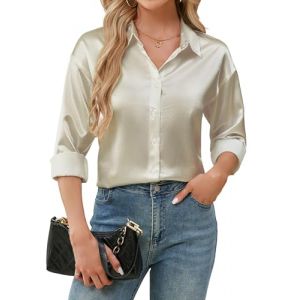 Stamain Chemisier Femme Satin Soie Chemises Boutonn&eacute;es col en V Chemises D&eacute;contract&eacute;es Amples Manches Longues Tunique Travail Bureau Beige M (ELOOKEUR, neuf)
