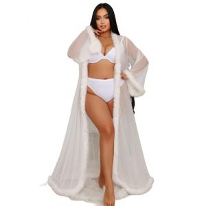 ohyeahlady Peignoir Dentelle Transparent Femme Sexy Kimono Maille Sexy Long Avec Plumes Chemise de Nuit Coquine Hot Robe Grossesse Shooting Pyjamas Plage Mariage Robes de Plage Anniversaire (ohyeahlady, neuf)