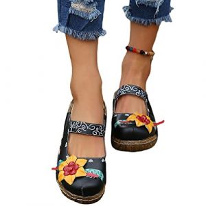 Osheoiso Sandales Chaussures Plateforme Plate Femme Sandales Été Vintage Sabots Chaussures Casual Fille Chaussures De Plage Bout Fermé Pantoufles en Liège B Noir 38 EU (aodongou, neuf)