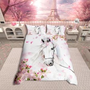 Housse de Couette 220x240 Cheval pour Filles Ensemble de Literie Chic Sakura Garçon Adolescent Courir Cheval Blanc Literie Cheval Animal Sauvage 3D Housse Couette Western Rustique Style Fermier (Suzhou yiyanyun e-commerce Co., Ltd, neuf)