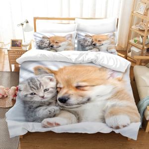 PORJDN Housse de Couette Chat,avec Housse de Couette et taie d'oreiller 65x65cm.Kitty Housse de Couette 3D Animal de Compagnie Ensemble Housse de Couette Chat. (Chats et Chiens-1, 220x240cm) (CR-EU-STORE, neuf)