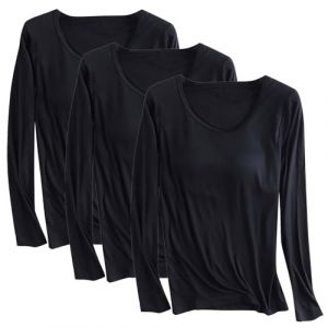 Lot de 3 t-shirts en modal avec soutien-gorge int&eacute;gr&eacute; pour femme &ndash; Haut &agrave; manches longues avec rembourrage &ndash; Top de yoga doux &ndash; V&ecirc;tements de sport confortables &ndash; V&ecirc;tements d&eacute;contract&eacute;s de nuit (WFB 22, neuf)