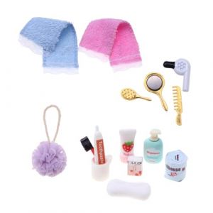 EUYKQNOI 15 Pi&egrave;ces Accessoires Bar bi pour Maison de Poup&eacute;e, Meubles Miniatures de Salle de Bain, Kit Complet avec Savon Dentifrice Shampoing, Jouet Cr&eacute;atif pour Enfants 3+ Ans (QSDMY, neuf)