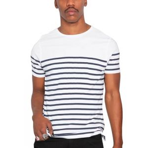 T-Shirt Rayé Marinière, Manches Courtes, Blanc et Bleu Marine, Teeshirt Marin, Coupe Mixte (FR/ES, Alpha/Lettres, M, Taille Normale, Taille Normale, Blanc/Marine) (PIXEL EVOLUTION, neuf)