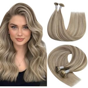 YoungSee Extension Keratine Cheveux Naturel Mèche Blond Extension à Chaud Chatain Clair Highlight 55 cm Extension Cheveux à la Kératine Marron Clair avec Blond Platine 1g/meche 50mèches/50g (YoungSee Europe, neuf)