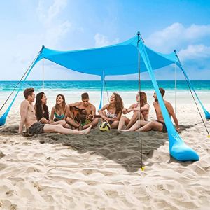 COMMOUDS Abri de Plage Anti UV, Tente de Plage 2,1m x 2,1m, Parasol de Plage Portable avec 4 Mâts en Aluminium, Abri Familial Facile à Installer pour la Plage, Le Camping, la Pêche et l'Extérieur. (Sokopy EU, neuf)