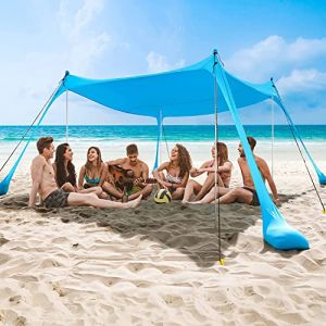 COMMOUDS Abri de Plage Anti UV, Tente de Plage 2,1m x 2,1m, Parasol de Plage Portable avec 4 Mâts en Aluminium, Abri Familial Facile à Installer pour la Plage, le Camping, la Pêche et l'Extérieur. (Sokopy EU, neuf)