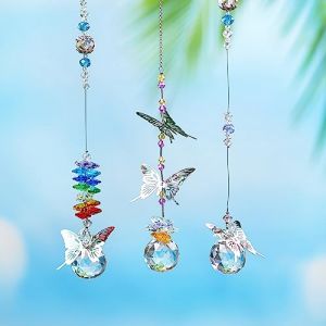 H&D HYALINE & DORA Attrape-soleil en cristal à suspendre en forme de papillon en métal, boule de verre, prisme arc-en-ciel, décoration d'intérieur, lot de 3 (crystalonline, neuf)