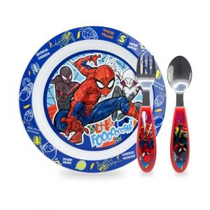 Sorrisini Vaisselle R&eacute;utilisable Spiderman, Set de 3 Pi&egrave;ces pour le sevrage des Enfants, Assiettes et Couverts en Acier Inoxydable, Vaisselle en Plastique R&eacute;utilisable et micro-ondable, sans BPA (Sorrisini_Store, neuf)