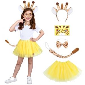 Kitimi T2 D&eacute;guisement Girafe Enfant Adulte, 5 Pi&egrave;ces D&eacute;guisement Animaux Fille Cosplay Set Costume Girafe Fille Carnaval N&oelig;ud Papillon Bandeau Queue Girafe Tutu Tatouage Autocollant Soir&eacute;es Th&egrave;me (W jiehui, neuf)