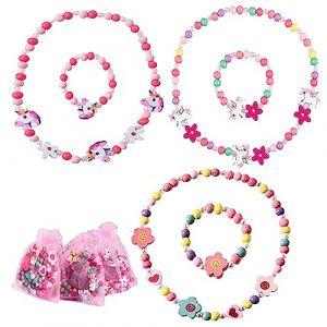 Zkaoai 6 Pièces Bijoux Enfants Fille, Colliers Bracelets Fille, Bois Colorée Princesse Collier Bracelets Set, Fleur Licorne Amitié Collier et Bracelet Cadeaue (Pundera, neuf)