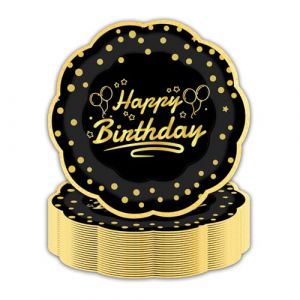Lot de 50 assiettes en carton de 18 cm assiette jetable anniversaire - Assiettes de f&ecirc;te en papier - D&eacute;coration pour mariage, jardin, f&ecirc;te (Anniversaire or noir) (jiayizhuangshi, neuf)